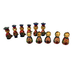Russian Wooden Hand Painted Girl & Boy Ornaments Floral Instrument Vintage Rare